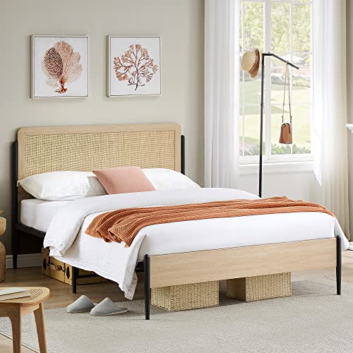 Amyove Queen Size Platform Bed Frame with Rattan Headboard and Rounded Corners - WoodArtSupply