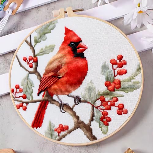 DIY Cross Stitch Kits Red Cardinal on Tree with Hoop 11CT Needlepoint Embroidery Stamped Counted Cross Stitch Set Craft Wall Decor 20x20cm-4