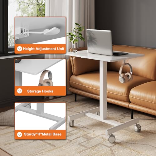 Gamork 18.9 * 25.6 inch Mobile Standing Desk,T Shaped Pneumatic Adjustable Height Stand Up Desk,with Lockable Wheels,Ergonomic Standing Side Table for Home Office Work Computer Workstation White Gamork