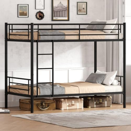 NestLude Metal Bunk Bed Twin Over Twin with Ladders & Guardrail, Industrial Beds Frame Heavy Duty 2 in 1, Space-Saving for Bedroom, Dormitory (Black) NestLude