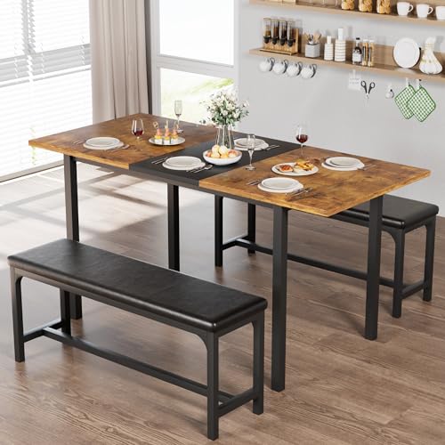 VECELO 3-Piece 63" Extendable Kitchen Table with Benches/Chairs, Modern Breakfast Dinette/Dining Room Set for 4/6/2, Small Space Saving Design, Easy Assembly VECELO