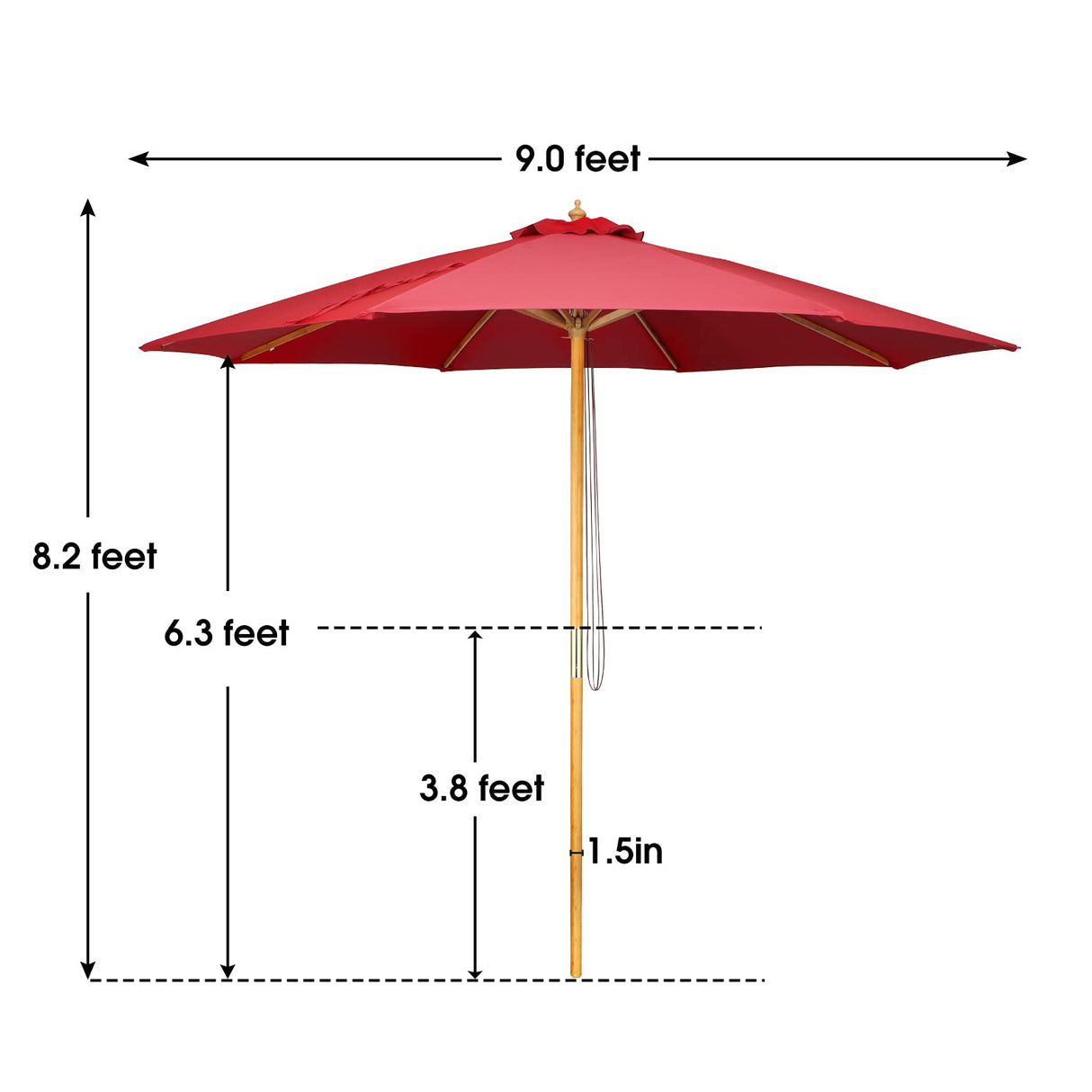 CASUNER 9FT Bamboo Umbrella, Outdoor Patio Umbrella, Waterproof Market Umbrella, 8 Ribs Table Umbrella with Pulley Lift for Garden, Deck, Pool, lawn, Backyard (RED) CASUNER