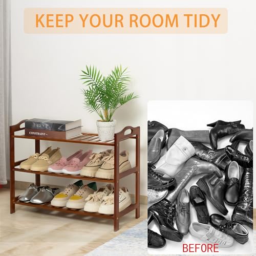 RMXANL 3 Tier Bamboo Shoe Rack, Shoe Shelf Shoes Rack Shoe Organizer for Closet, Entryway, Bedroom, Living Room, Front Door, Studio, Bathroom RMXANL