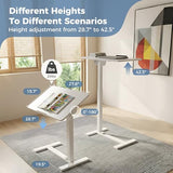 DUMOS Adjustable Overbed Bedside Table with Hidden Wheels, Mobile Standing Desk with Pneumatic Lift, Portable Computer Workstation Cart for Bed, Couch, Office, Sofa, White DUMOS