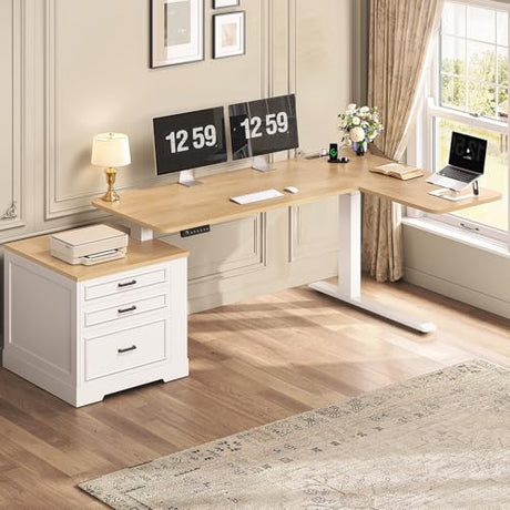 SEDETA Farmhouse L Shaped Electric Standing Desk, 70.9" x 39.4" Height Adjustable Office Executive Desk with 3 Drawers, Standing Computer Desks with Power Outlet for Home Office, Oak SEDETA