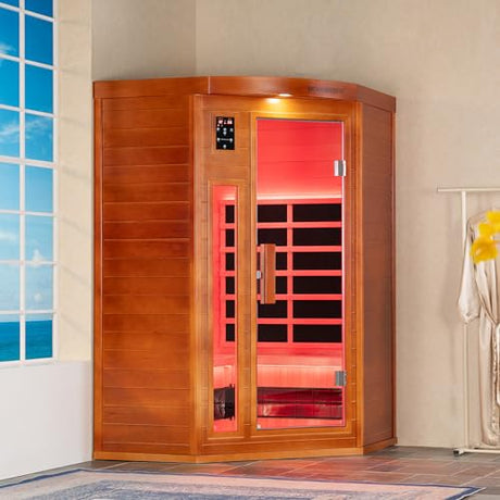 WOODBRIDGE Infrared Sauna Room 2 Person Japanese Cedar Indoor Corner Sauna with 7 Carbon Heaters, Red Light Therapy,Bluetooth Speaker,Intelligent Dual Control System,Tempered Glass,Exterior Brim Light WOODBRIDGE