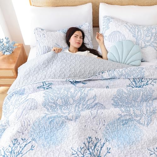 weigelia Coastal Quilts Bedding Set King Size - Blue Summer Nautical Bedding Quilt with Pillow Cases, Beach Reversible Quilt Set Bedspreads Coverlet Soft Lightweight Comforter weigelia
