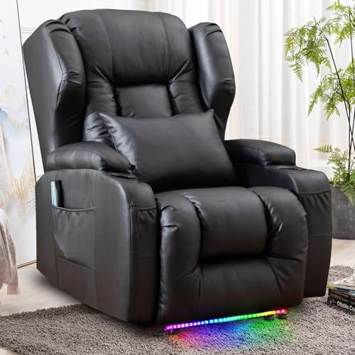 SAMERY Power Recliner Chair, Electric Wall Hugger Recliner Chair Reclining Sofa Home Theater Seating for Living Room with Massage & Heat, USB, LED Lights, Cup Holders, Side Pockets, Lumbar Pillow