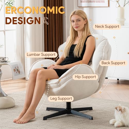 DRKAT Swivel Accent Chair, Modern Recliner Lounge Chair with Metal Base Frame, Comfy Tufted Armchair for Living Room, Bedroom, Home Office, Beige