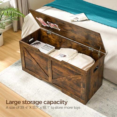 39.4"Storage Chest, Storage trunk with safety Hinges, Wooden Storage Bench, Shoe Bench,Easy Assembly,39.4"L x 15.7"W x 18.9"H,storage bench for bedroom end of bed,for Entryway (Rustic Brown)