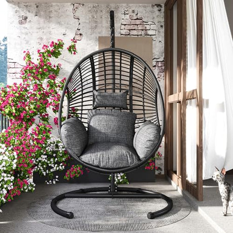 Hanging Egg Chair with Stand - Egg Swing Chair Outdoor Indoor Patio Wicker Chair Swing Hammock Egg Chairs 400lbs Capacity for Outside Patio, Bedroom, Garden and Balcony（Black, 1PC） TQKVIPI