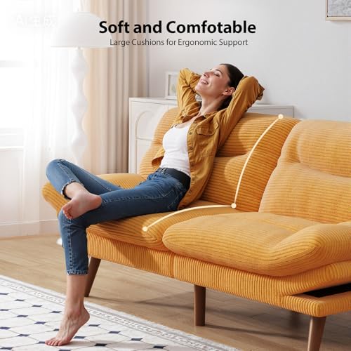 Pipishell Futon Sofa Bed, Modern 66" Futon Couch Convertible to Bed & Lounger, Compact Size, Corduroy Loveseat, Durable Construction - Fits Small Spaces, Apartments,Study Room (Yellow, 66 Inch) Pipishell