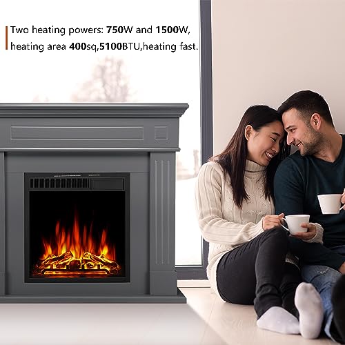 R.W.FLAME 43” Electric Fireplace Mantel Wooden Surround Firebox, TV Stand with Freestanding Electric Fireplace, Remote Control, Adjustable Led Flame, 750W/1500W Grey