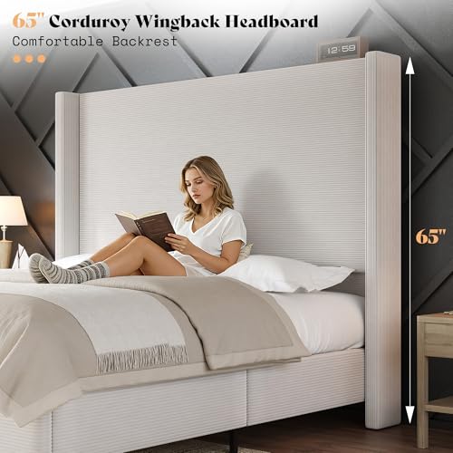 AMERLIFE King Size Bed Frame with 65" Tall Headboard, Upholstered Corduroy Bed Frame with Wingback, Platform Bed with Solid Wood Gourd Legs, Solid Slats, No Box Spring Needed, Cream AMERLIFE