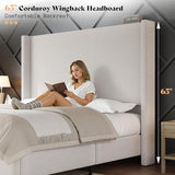 AMERLIFE King Size Bed Frame with 65" Tall Headboard, Upholstered Corduroy Bed Frame with Wingback, Platform Bed with Solid Wood Gourd Legs, Solid Slats, No Box Spring Needed, Cream AMERLIFE