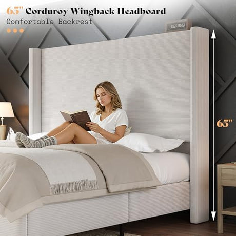 AMERLIFE King Size Bed Frame with 65" Tall Headboard, Upholstered Corduroy Bed Frame with Wingback, Platform Bed with Solid Wood Gourd Legs, Solid Slats, No Box Spring Needed, Cream AMERLIFE