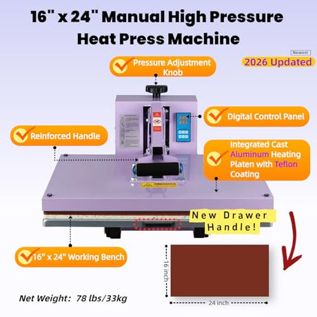 16x24 Heat Press Machine for T Shirts, 1.8-2kw, 72.77lbs High Pressure, Slide Out Sublimation Heat Transfer Press Suitable for Family or Small Business. (Purple, 16x24 Manual) Eonvest