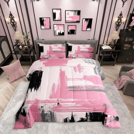 Erosebridal Girls Pink and Black Comforter Set Full Size Girly Abstract Pink Comforter Set for Kids Teens Women Geometric Modern Bedding Sets Minimalists Striped Art Bed Sets for Adults Boys Men Erosebridal