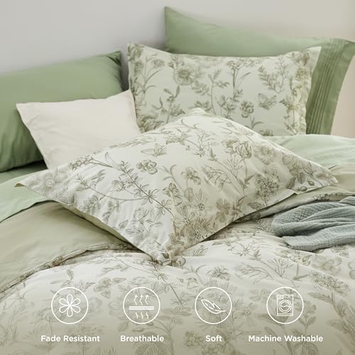 Bedsure Duvet Cover Queen Size - 100% Cotton Reversible Floral Queen Duvet Cover Set with Zipper Closure, 3 Pieces Soft & Breathable Botanical Green Bedding Set with 2 Pillow Shams 20"x26" Bedsure