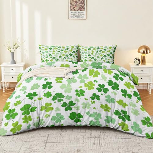 Aesthetic Duvet Cover Set Green - Single 3-Piece Double-Sided Printed Bedding with Minimalist Clover Modern Design, Ultra-Soft Microfiber Quilt Cover with Zipper for a Calm Generic