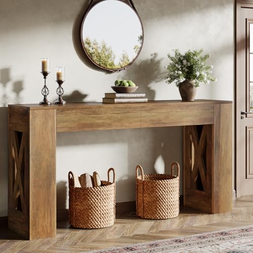 Tribesigns 63-Inch Long Console Table, Farmhouse Entryway Table with 2 Drawers and X-Shaped Legs, Narrow Sofa Furniture Behind The Couch for Entrance, Hallway, Living Room, Warm Brown Tribesigns