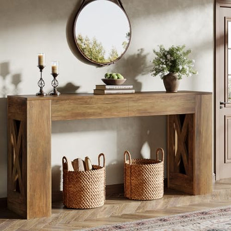 Tribesigns 63-Inch Long Console Table, Farmhouse Entryway Table with 2 Drawers and X-Shaped Legs, Narrow Sofa Furniture Behind The Couch for Entrance, Hallway, Living Room, Warm Brown Tribesigns