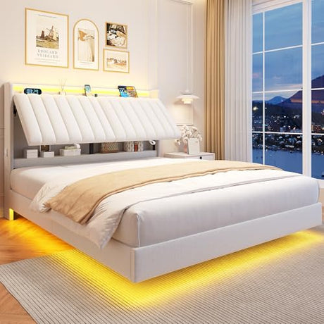 Jocoevol Queen Size Floating Bed Frame with Ergonomic Hidden Storage Headboard and LED Lights, Visual Floating LED Bed Frame with Charing Station, Velvet Upholstered Platform Bed, Heavy Duty, White Jocoevol