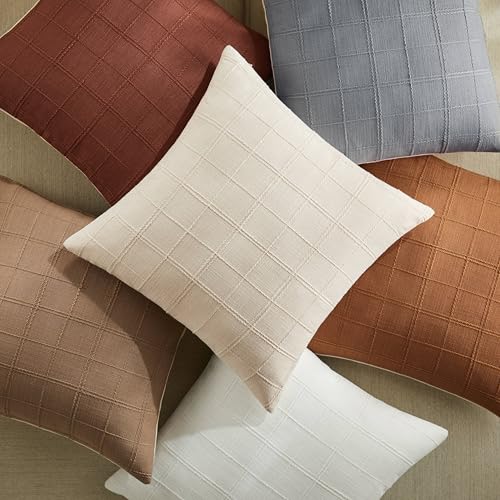 ZeeMart Linen Checked Throw Pillow Covers Set of 2, 18x18 Inch White/Natural White, Farmhouse Decorative Single Sided Grid Embroidered Couch Pillow Cases Cotton Linen Cushion Covers ZeeMart
