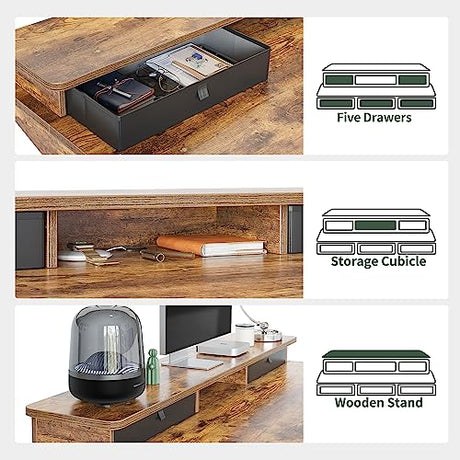 FEZIBO Height Adjustable Electric Standing Desk with 5 Drawers, 55 x 24 Inch Table with Storage Shelf, Sit Stand Desk Black Frame/Rustic Brown Top, FEZIBO