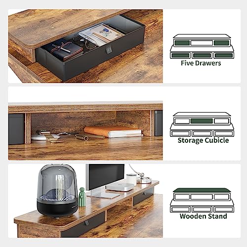 FEZIBO Height Adjustable Electric Standing Desk with 5 Drawers, 48 x 24 Inch Table with Storage Shelf, Sit Stand Desk Black Frame/Rustic Brown Top, 48 inch FEZIBO