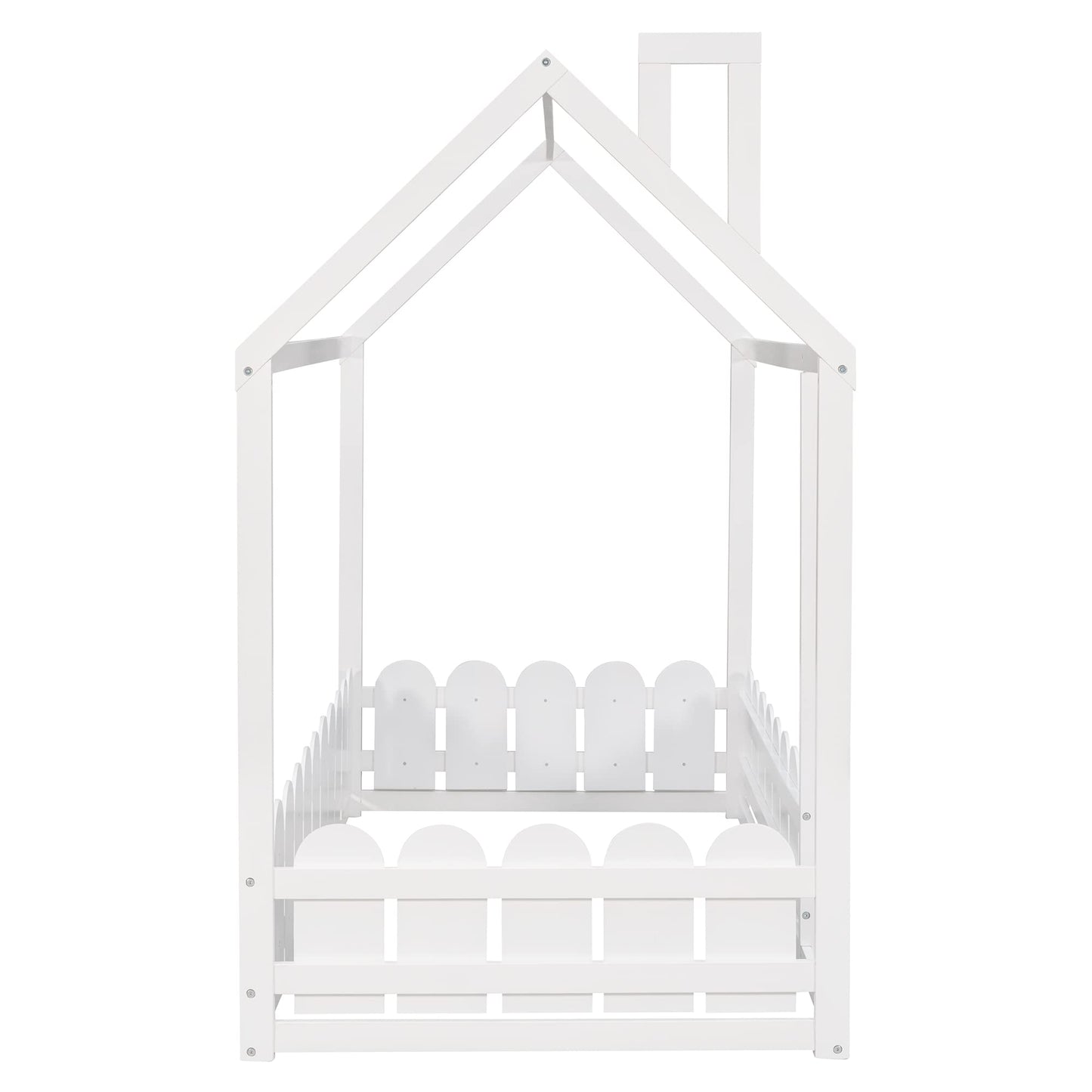 Bellemave Twin Floor Bed with Fence - Stylish Wooden House Bed Frame for Kids and Teens in White