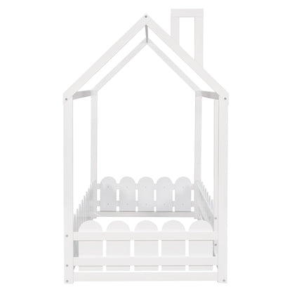 Bellemave Twin Floor Bed with Fence - Stylish Wooden House Bed Frame for Kids and Teens in White