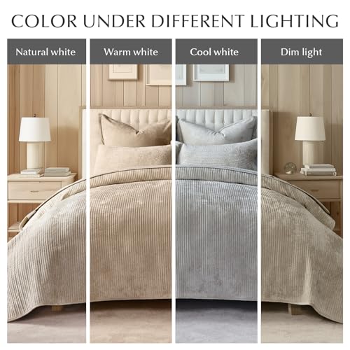 EVERGRACE Velvet Quilt Set King Size, Luxurious Soft Quilted Bedding Sets, Lightweight Velvet Comforter for All Season, Striped Channel Bedspread Coverlet with 2 Shams, Urban Taupe EVERGRACE