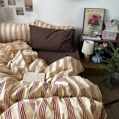 mixinni Retro Striped Duvet Cover Set King - 100% Natural Cotton 3-Piece Vintage Red Stripes Pattern Printed Bedding Set, Soft Breathable Comforter Cover with Zipper Closure & Corner Ties, King Size mixinni
