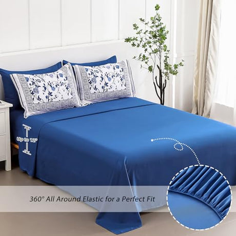 Dobuyly Floral Queen Comforter Set, 7 Piece Bed in a Bag Queen Size Blue Flowers on White Botanical Bedding Set, Soft Microfiber Bedding Comforter Sets with Sheets for All Season Dobuyly