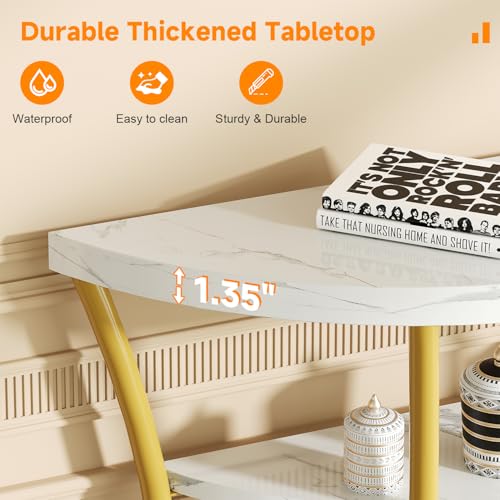 39.4" Console Table with Half Moon Wood Shelves, 3 Tier Modern Entryway Table with Curved Metal Frames, Narrow Sofa Couch Table for Hallway, Entrance, Living Room, Foyer, White Marble & Gold knoworld