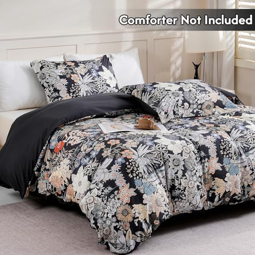 LONAVA King Flower 3 Pcs Duvet Cover Set, Breathable Soft Microfiber Black Lining Comforter Cover with Zipper Closure, and 2 Anti-Pilling, Fade Resistant Pillowcases, Midnight Blossoms LONAVA