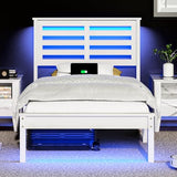 VINGLI Solid Wood Twin Bed Frame with LED Lights & USB Charging Station Single Platform Panel Bed with 40 Inches Tall Headboard for Kids,No Box Spring Needed,White VINGLI