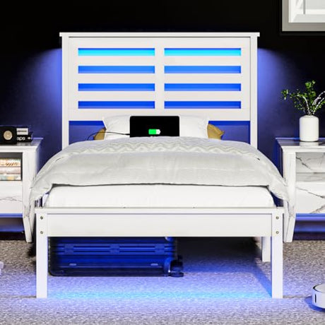 VINGLI Solid Wood Twin Bed Frame with LED Lights & USB Charging Station Single Platform Panel Bed with 40 Inches Tall Headboard for Kids,No Box Spring Needed,White VINGLI