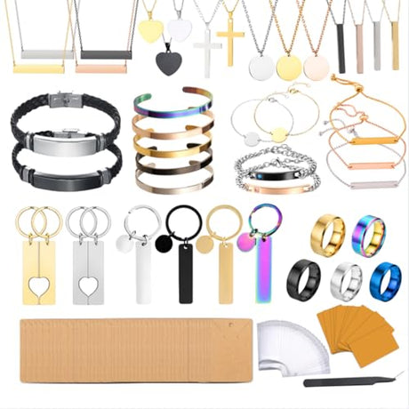 Mroy mio 104 PCS DIY Laser Engraving Kit, 13 Types Stainless Steel Blank Jewelry Making Set for Personalized Gifts, Heart Necklace, Ring, Bracelet for Couples, Friends, Beginners Mroy mio