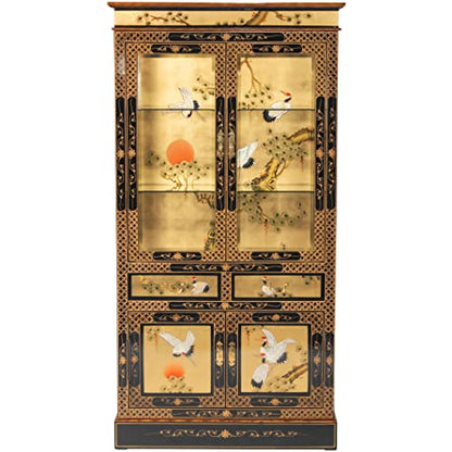 Red Lantern Artisan Crafted Lacquer Curio Cabinet - Gold Leaf with Hand Painted Cranes, Two Door