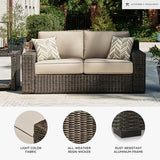 Signature Design by Ashley Coastline Bay Casual Weather Resistant Outdoor Loveseat with Cushion and 2 Throw Pillows, Beige & Dark Brown Signature Design by Ashley