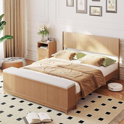 VINGLI Fluted King Bed Frame with headboard and Storage Bench, Boho Wooden Single Platform Panel Bed with Wingback Headboard and 4 Drawers,Mid-Century Modern Sleign Bed,Oak VINGLI
