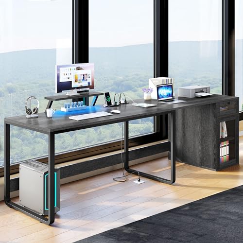YITAHOME L Shaped Desk with Drawer, Reversible Computer Desk with Power Outlets & LED Lights, Corner Desk Office Desk with File Cabinet & Monitor