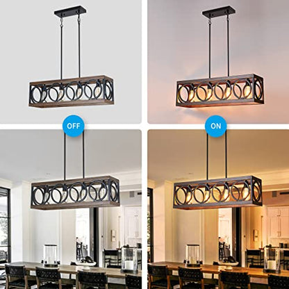 XINGQI Black Kitchen Island Light Fixtures, Farmhouse Dining Room Chandelier Rectangular Linear Chandeliers Pendant Ceiling Light Fixture for Bar Office Coffee Shop 4-Light Wood Grain - WoodArtSupply