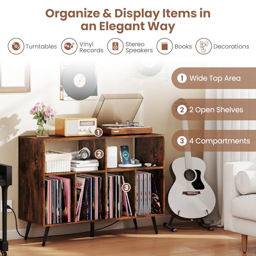 Giantex Large Record Player Stand with Charging Station, Turntable Stand Holds Up to 300 Albums, Record Player Table with Raised Leg, Vinyl Record Storage for Living Room (Rustic Brown) Giantex