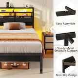 Furnulem Twin Bed Frames with Charging Station and LED Lights, Wood Headboard with 2 Fabric Drawers and Storage Shelves, Twin Size Platform Bed with Metal Slats, No Box Spring Needed, Black Oak Furnulem
