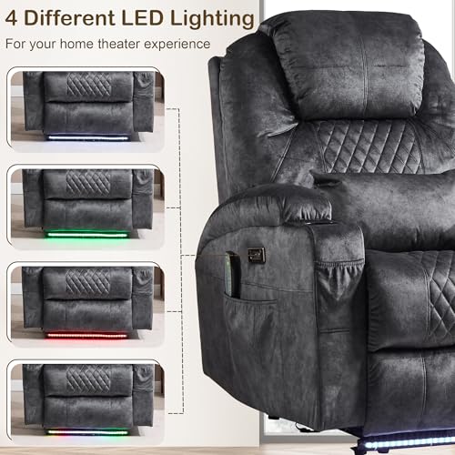 IBTKIG Power Recliner Chair with Massage and Heat, Electric Recliners with LED Lights/Lumbar Pillow/Cup Holders/Side Pocket/USB Port, Home Theater Seating for Living Room(1, Velvet Gray)
