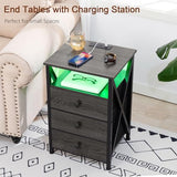 AMHANCIBLE Night Stand Set 2, LED Nightstand with Charging Station, End Side Tables with USB Port & Outlet, Bedside Table with Fabric Drawers for Bedroom Living Room, Dark Grey, HET053LDG AMHANCIBLE