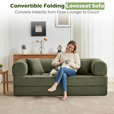 CozySpot Sofa Bed, 79" Convertible Sleeper Sofa with Pull Out Bed, 5-in-1 Folding Corduroy Futon Couch, Modular Loveseat Sofa Bed for Living Room, Bedroom & Apartment, Green CozySpot